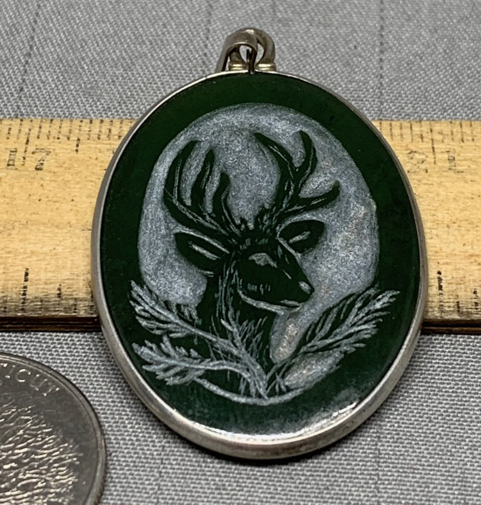 Carved Wyoming jade buck deer pendant, dk. apple green